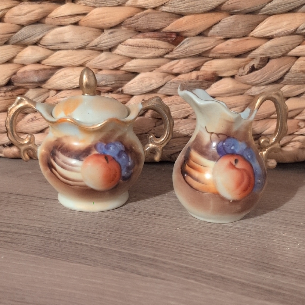 Vintage Ceramic Creamer and Sugar Set with Fruit Design